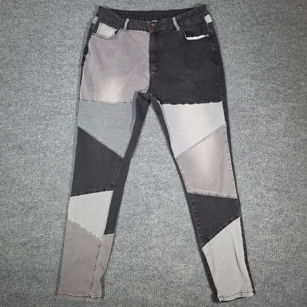 Patchwork Grayscale Skinny Jeans High Waisted Colorblock Denim Gray Black 2XL